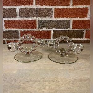 Vintage Pair Clear Bubble‎ Glass Candlestick Holders Imperial Candlewick 1940s